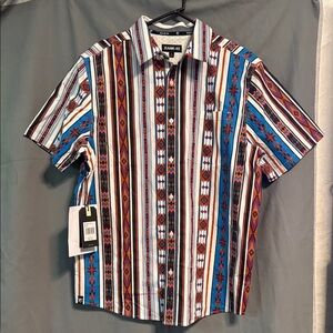 Rank 45 Men's Short Sleeve Striped Geo Print Shirt - White/Blue/Brown